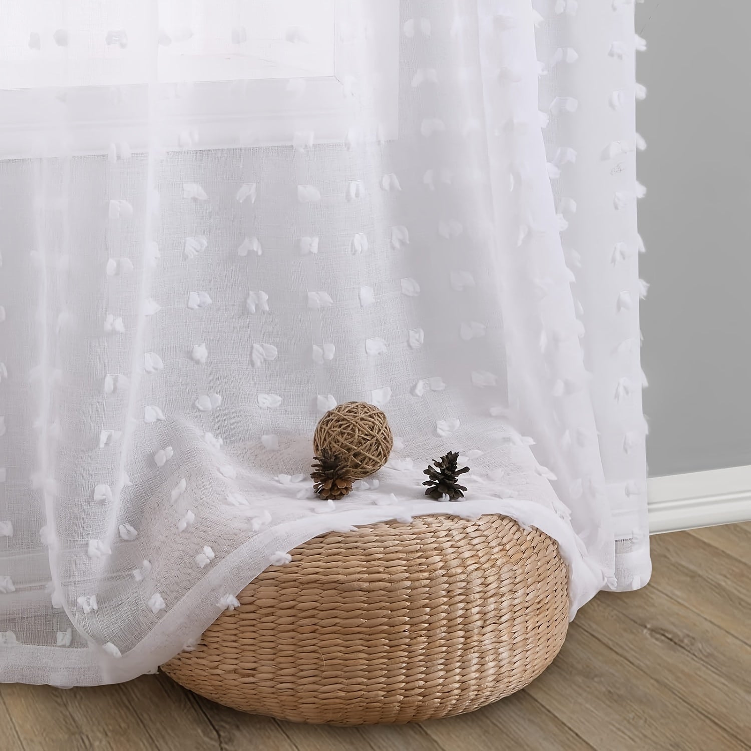White Sheer Curtain with Grommet Top and Pom Pom Tufting 213cm for Bedroom Living Room Office