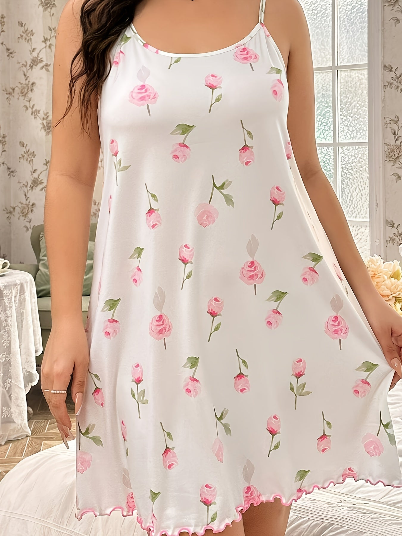 Plus Size Floral Nightdress Soft Polyester Elastane Pink Green Lettuce Edge
