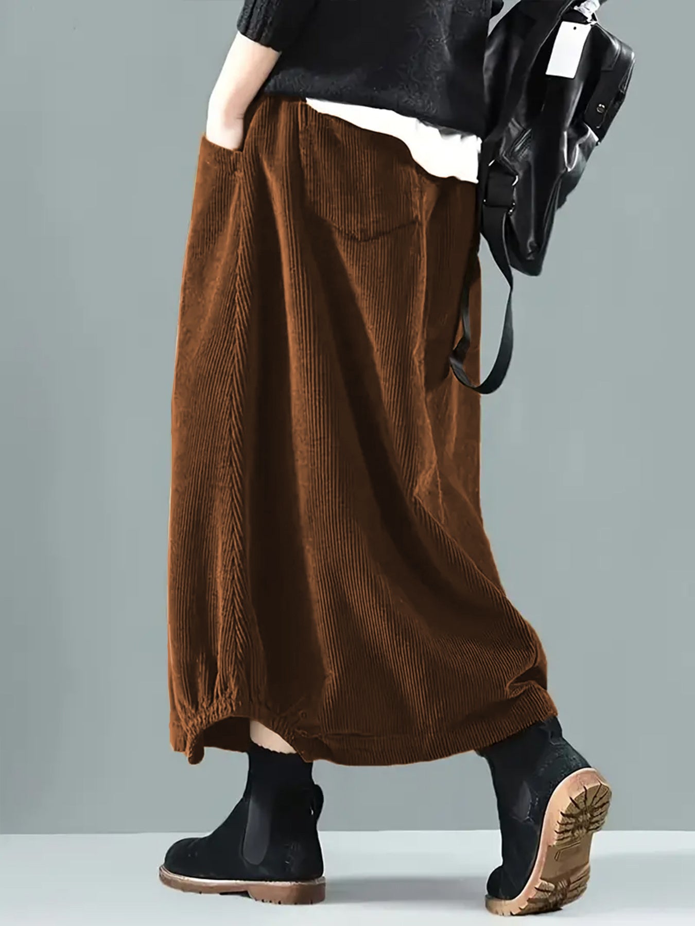 Plus Size Women’s Brown Maxi Skirt With Pockets Elastic Waist Casual