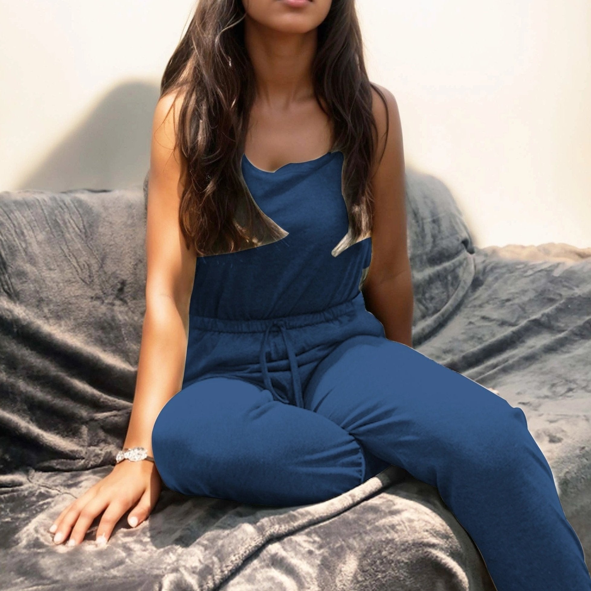 Women's Gray Sleeveless Jumpsuit with Tied Foot Casual Home and Outdoor Wear