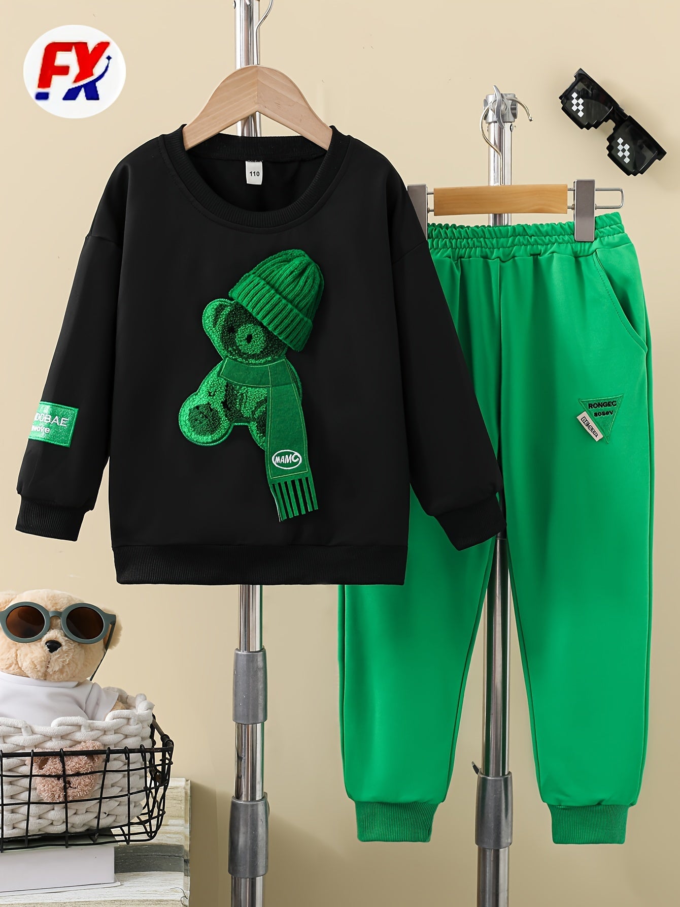 Boys' Two-Piece Outfit with Bear Print Hat, Black Sweatshirt and Green Trousers