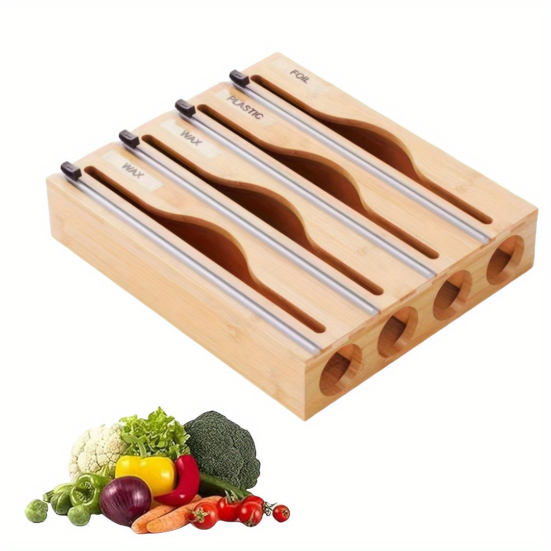 Bamboo Kitchen Wrap Organizer Food-Safe Storage Box with Manual Cutter