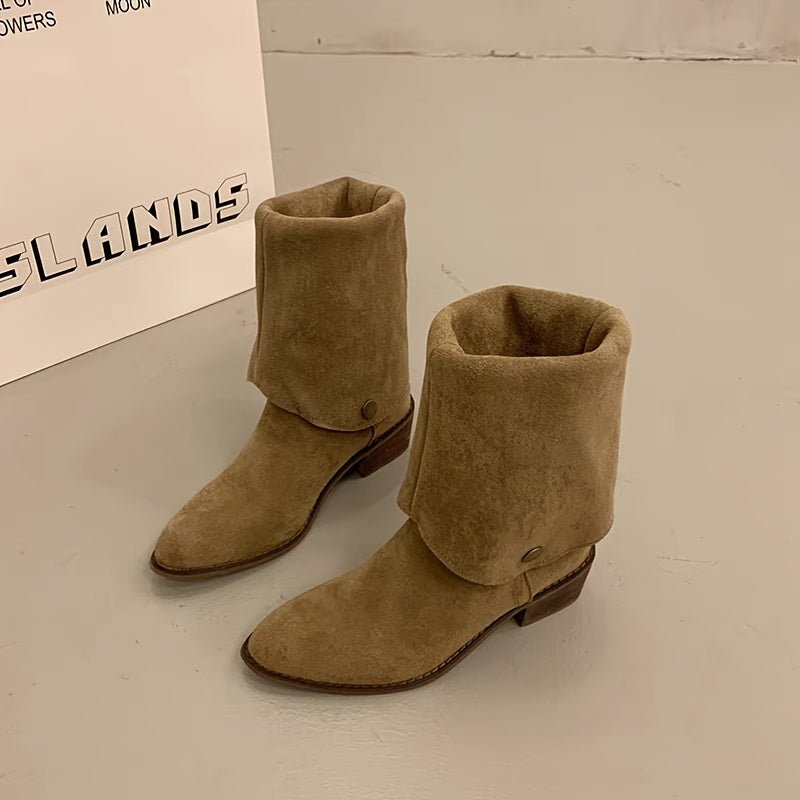 Women's Black Pointed Toe Chunky Heel Knee-High Winter Boots