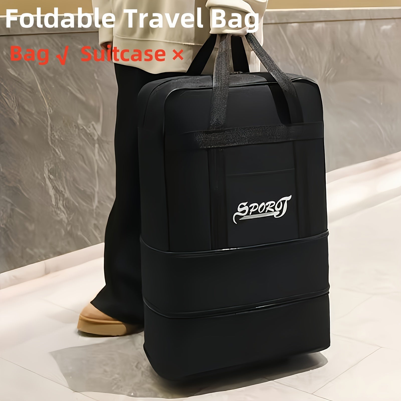 Katta hajmli yig‘iladigan sayohat sumkasi, suv o'tkazmaydigan Oxford sport sumkasi, aylanadigan g‘ildiraklar bilan