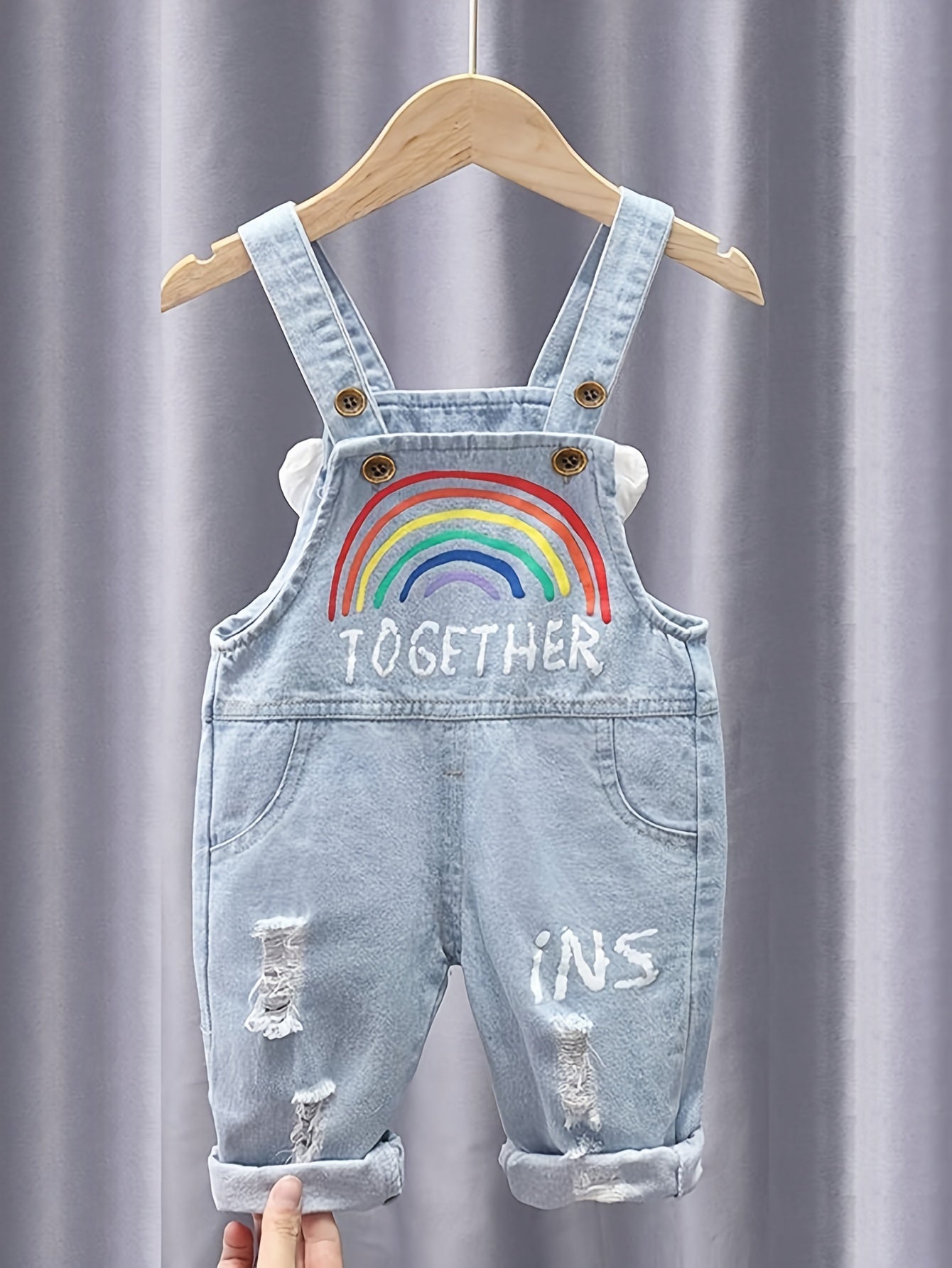 Girls' Denim Overalls for Girls 0-3 Years Rainbow Angel Embroidery Ripped Spring Fall