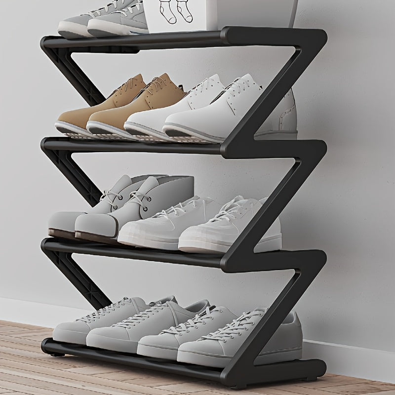 4-Tier Z-Shaped Plastic Shoe Rack with Black Cloth Finish Stackable Home Organizer