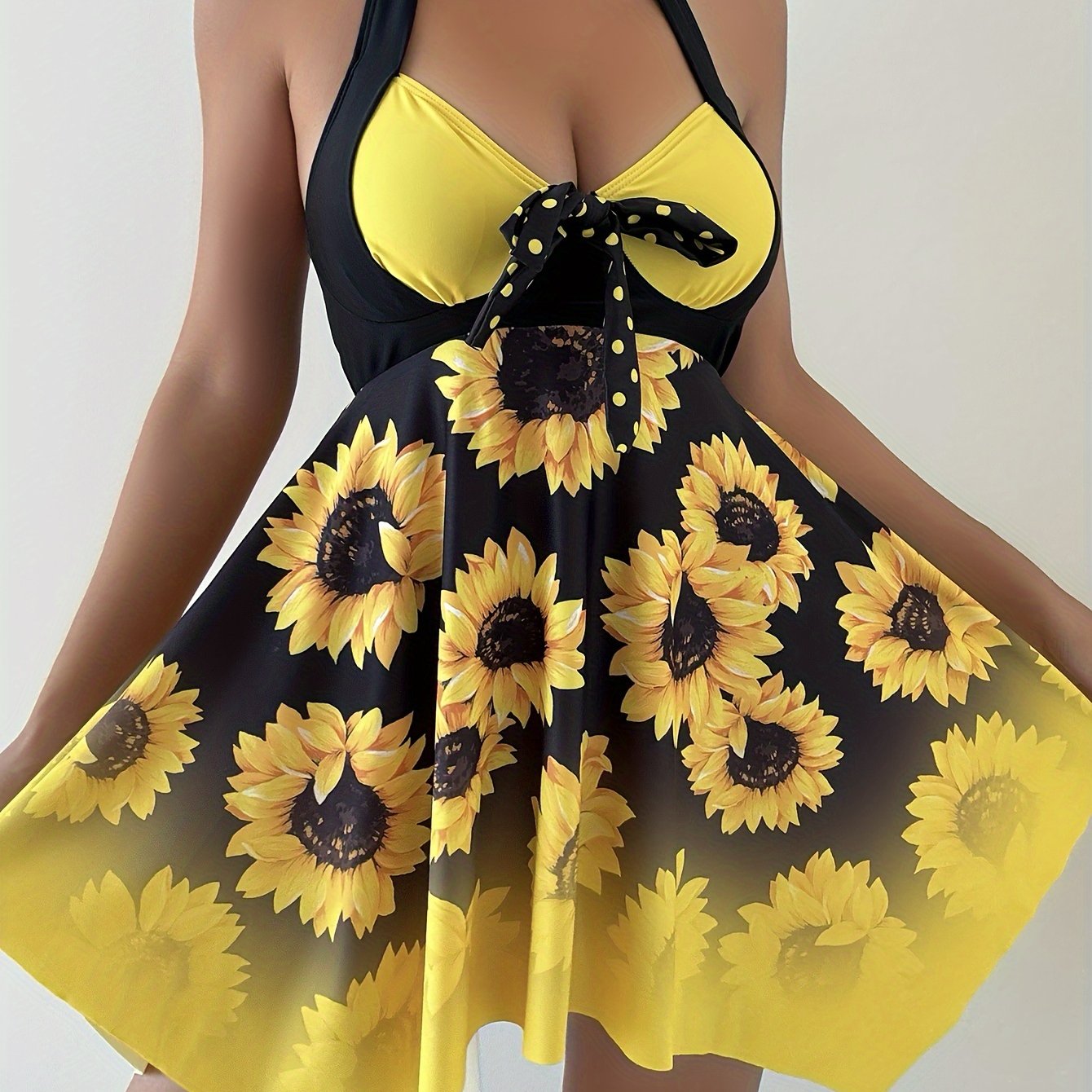 Women's Tankini Set with Sunflower Print and Dot Print Bottoms for Swimming