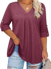 Plus Size Women's V-Neck Blouse 3/4 Sleeve Solid Color Casual Top