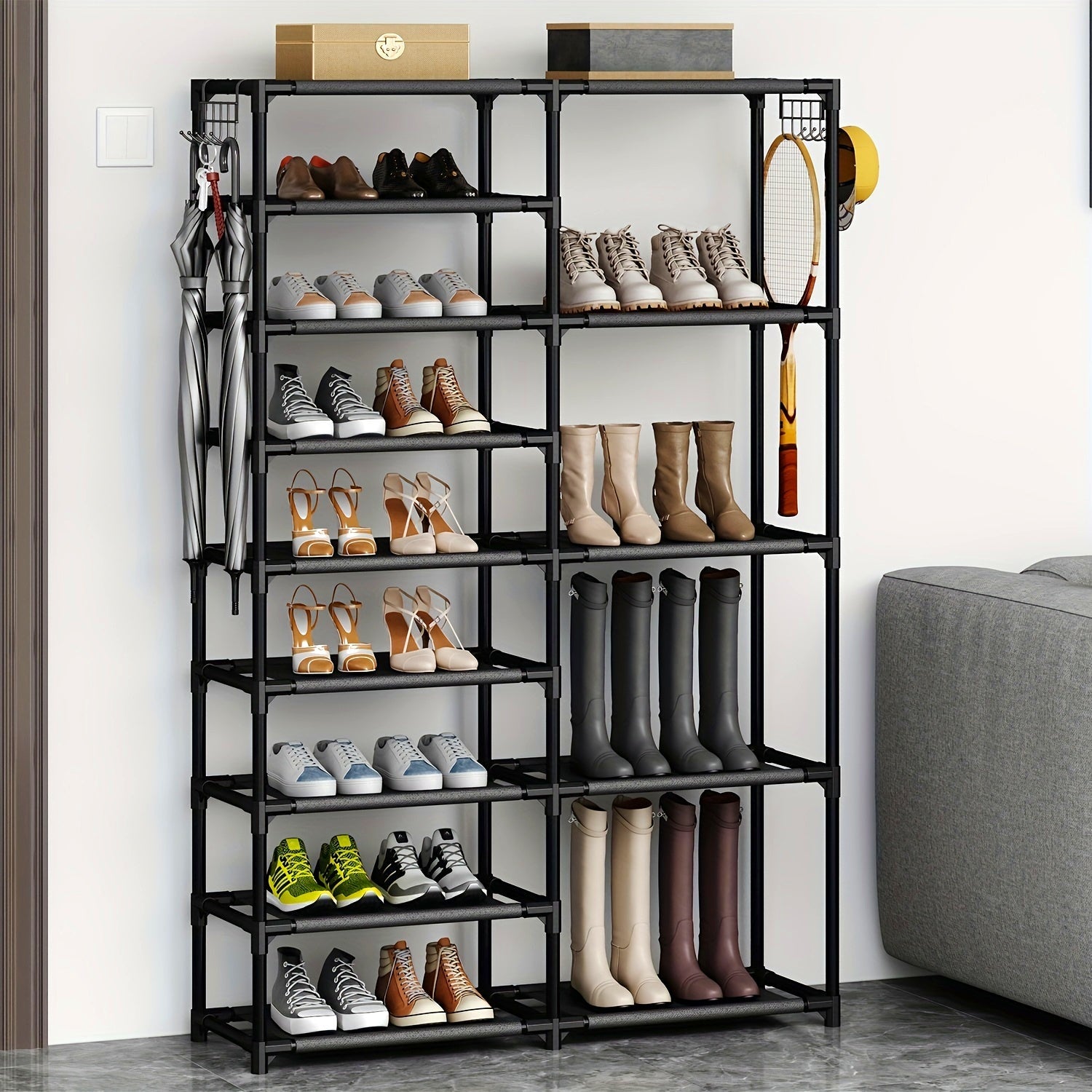 Black Shoe Rack Tall Storage Organizer for Garage Holds 24-35 Pairs with Hooks