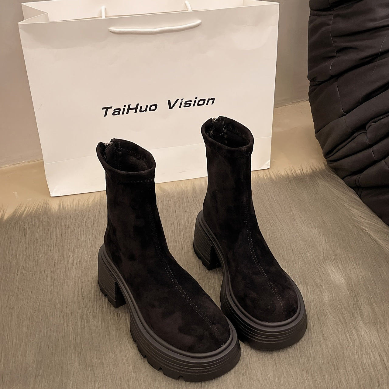 Women Chunky Platform Ankle Boots Brown Slip-On Zipper Cushioned Sole