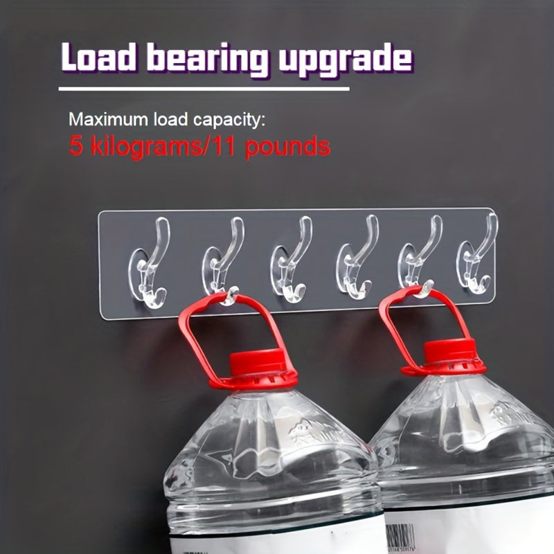 6-Hook Transparent Adhesive Wall Mount Hooks for Clothes Hats Bathroom Storage