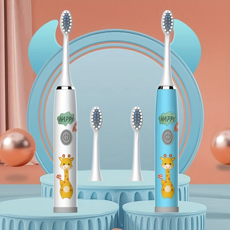 Электрическая зубная щетка для детей с 4 насадками, мягкая щетина, работает на батарейках