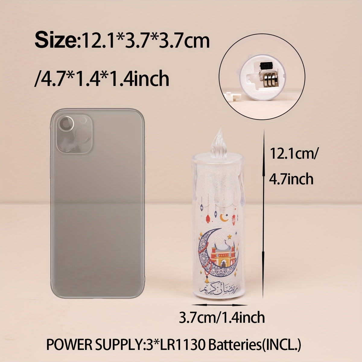 4 ta LED Ramazon sham yoritgichlari batareyalar bilan ishlaydi, Eid va bayram tadbirlari uchun mukammal.