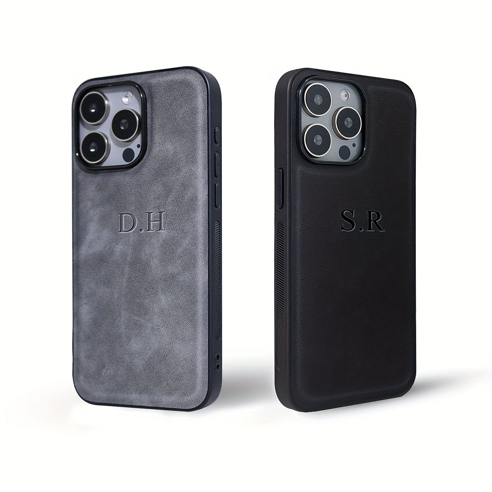 Personalized iPhone Case with 3D Engraved Initials Faux Leather Cover for Models 11-16 Pro Max Plus