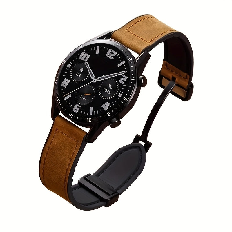Sintetik charmli smart soat tasmasi, 22mm/20mm o'lchamda Samsung, Garmin, Xiaomi va Huawei kabi turli brendlar bilan mos keladi. Zamonaviy uniseks dizayni, suvga chidamli va magnit xususiyatlariga ega.