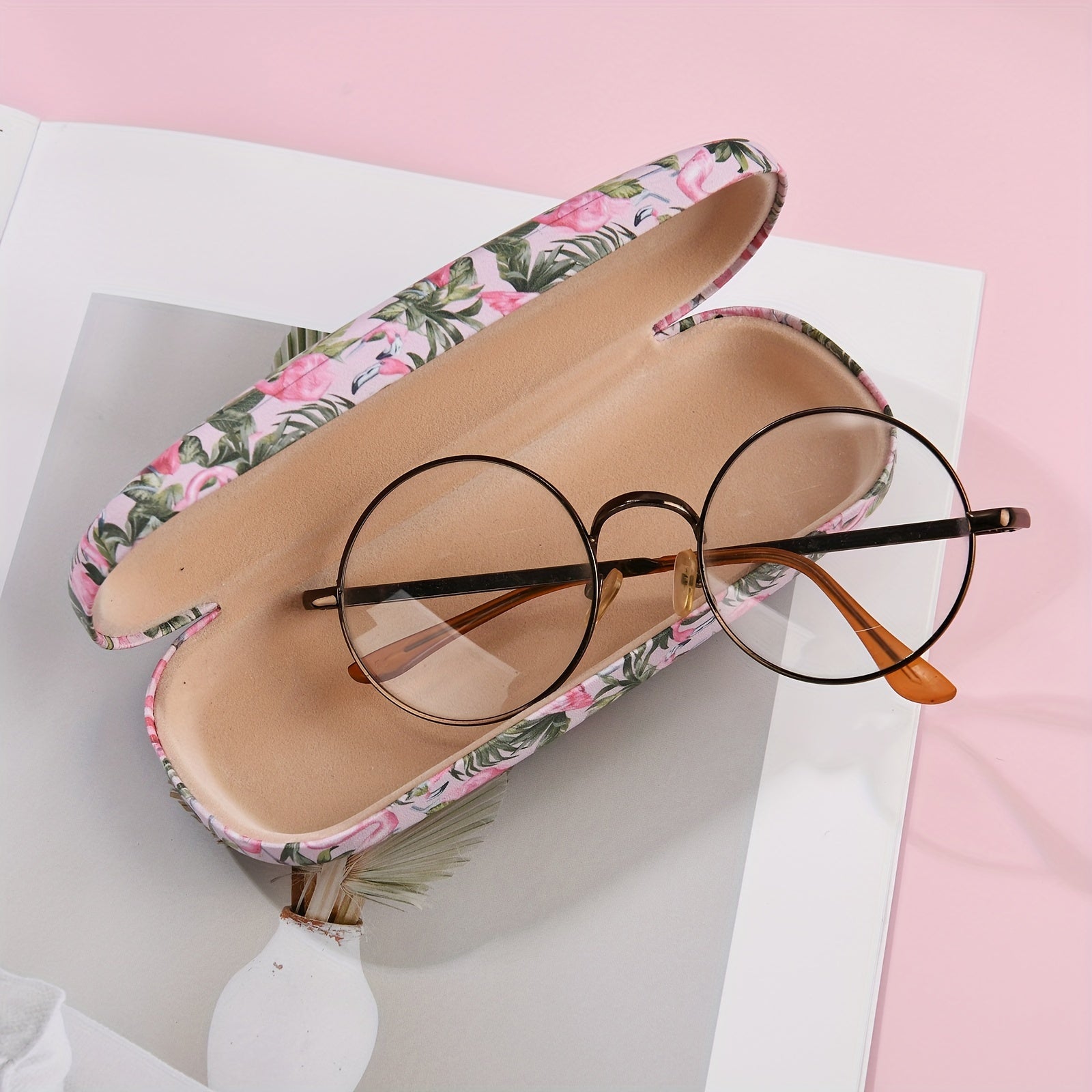 Pink Flamingo Print Eyewear Case for Women Durable Semi-Hard Protection Box