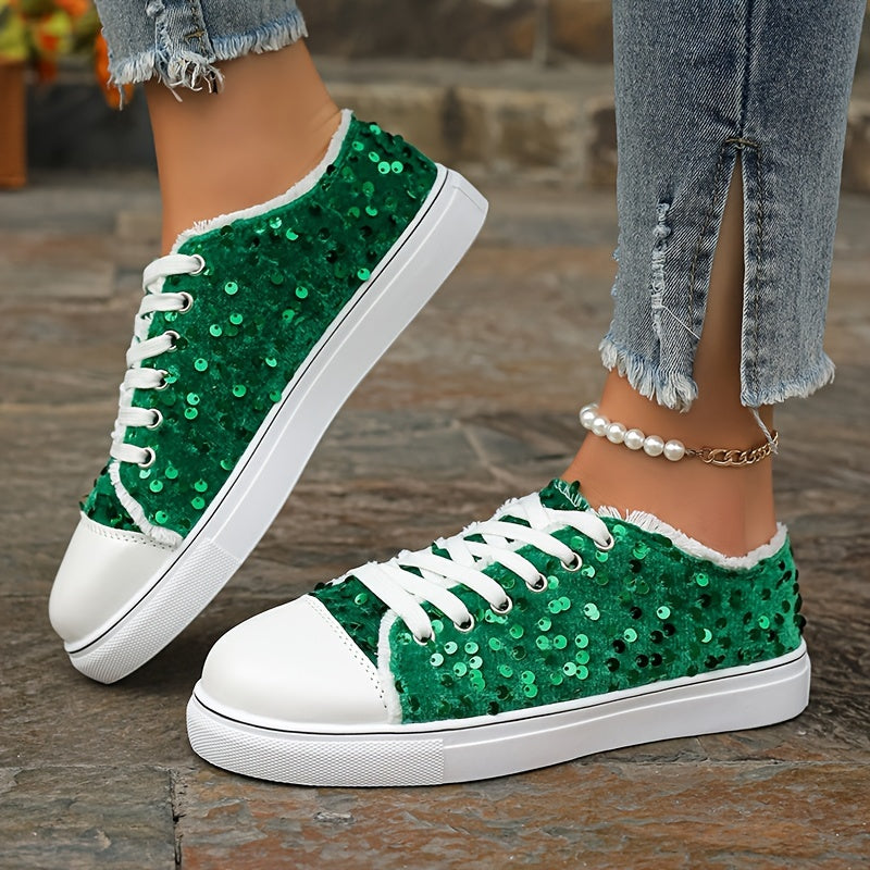 Women's Sequin Decor Casual Laced Low-Top Sneakers
