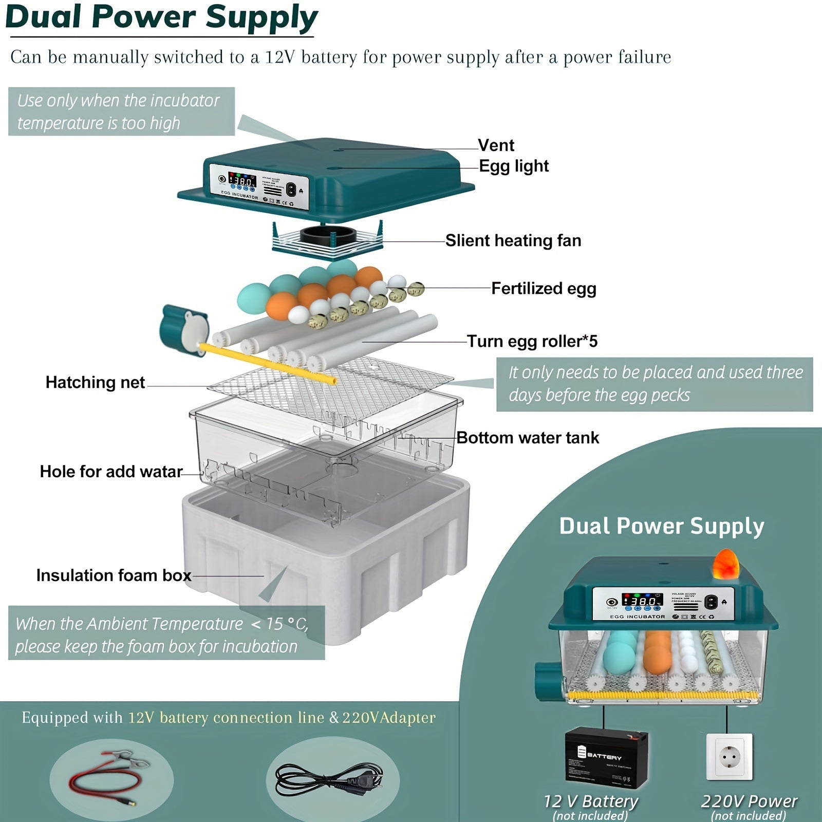 Avtomatik tuxum inkubatorlari 12-16 tuxumni saqlaydi, avtomatik aylantirish, suv to'ldirish, LED displey, ichki foydalanish uchun