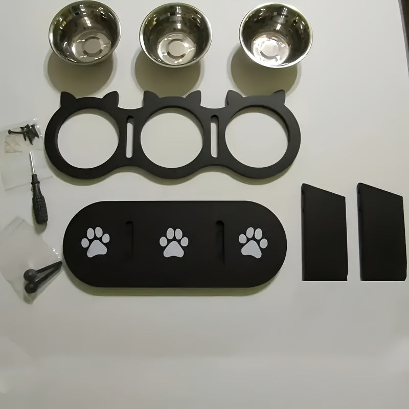 Поднятая кормушка для кошек с деревом и нержавеющей сталью, регулируемая на 15 градусов, 3 миски