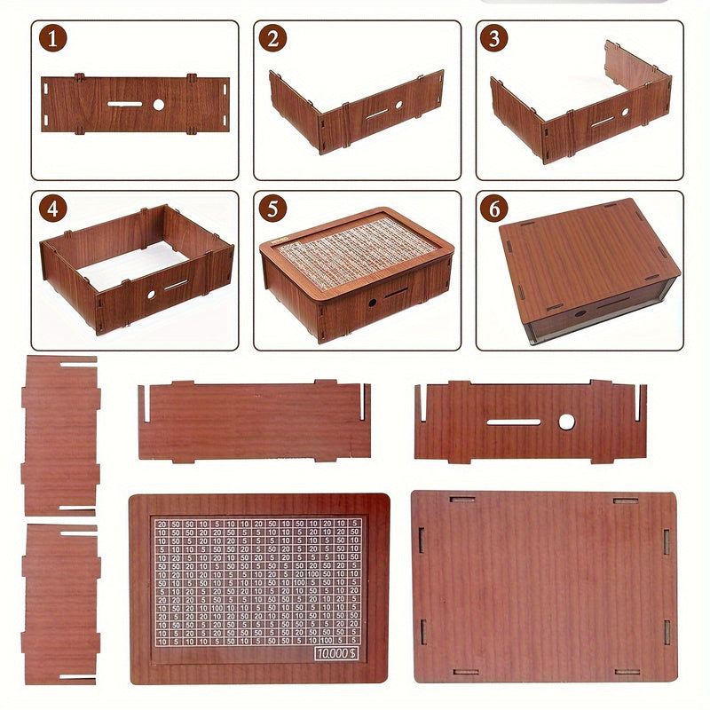 Caja de ahorros de madera con objetivos en moneda y números, caja de dinero con contador de objetivos de ahorro, regalo perfecto.