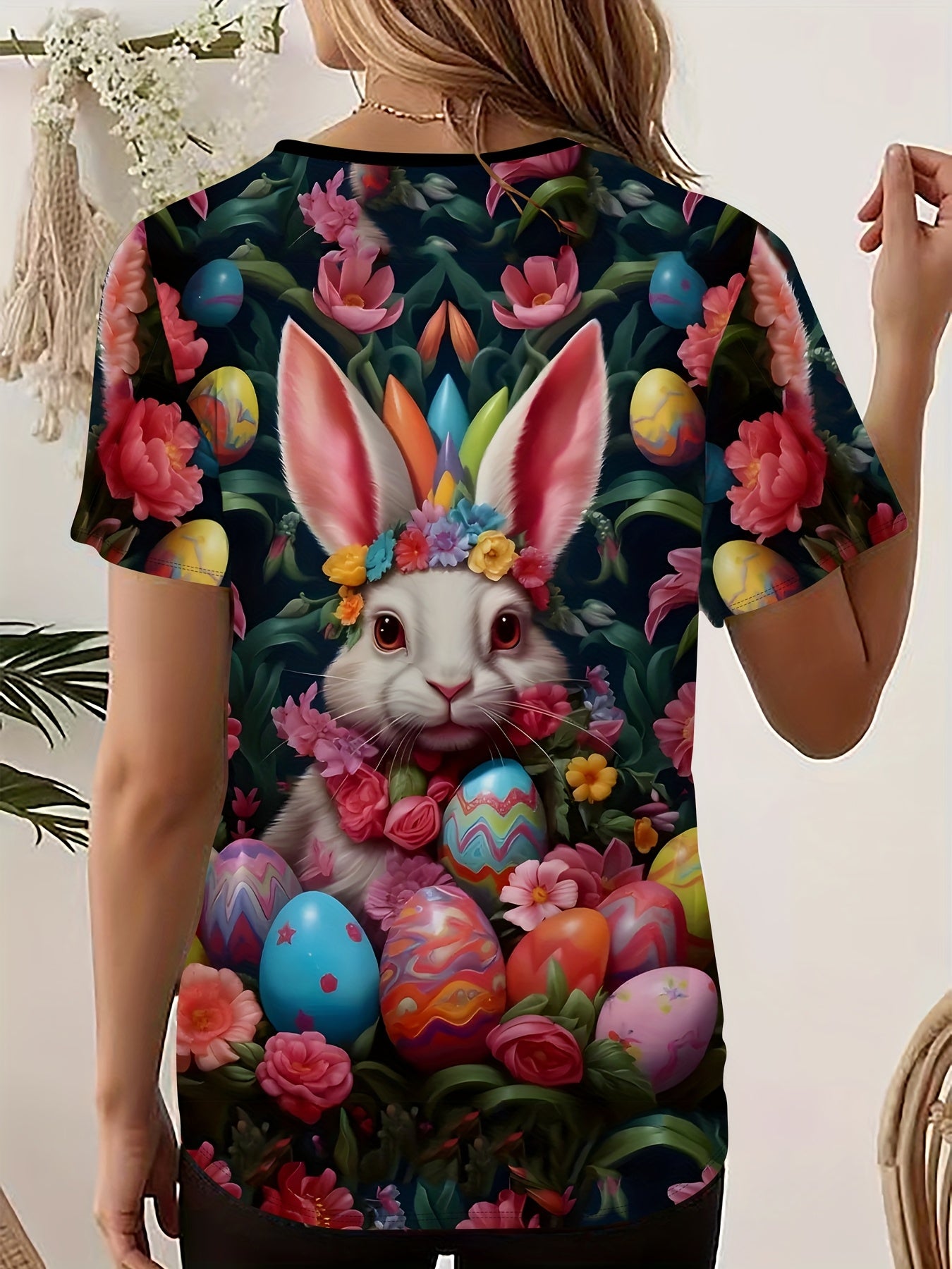 Plus Size Women's Graphic T-Shirt Easter Bunny Floral Spring Casual Short Sleeve