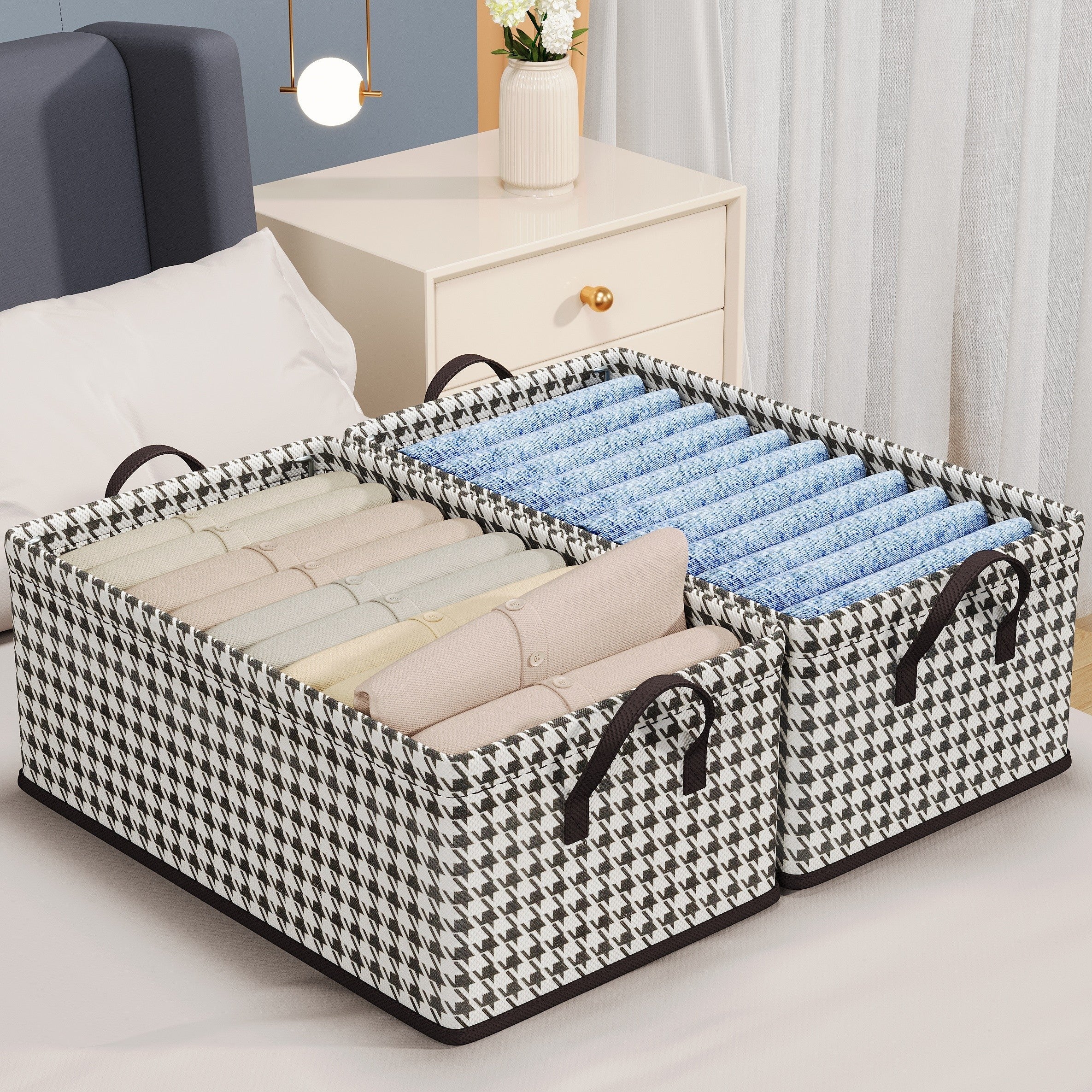 Foldable Storage Basket with Handles Geometric Non-Woven Fabric for Bedroom Living Room Laundry