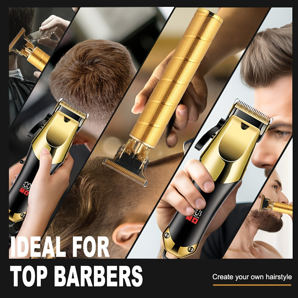 Golden Hair Clipper Set for Men with LCD Display Rechargeable Grooming Kit Home Haircutting Tool