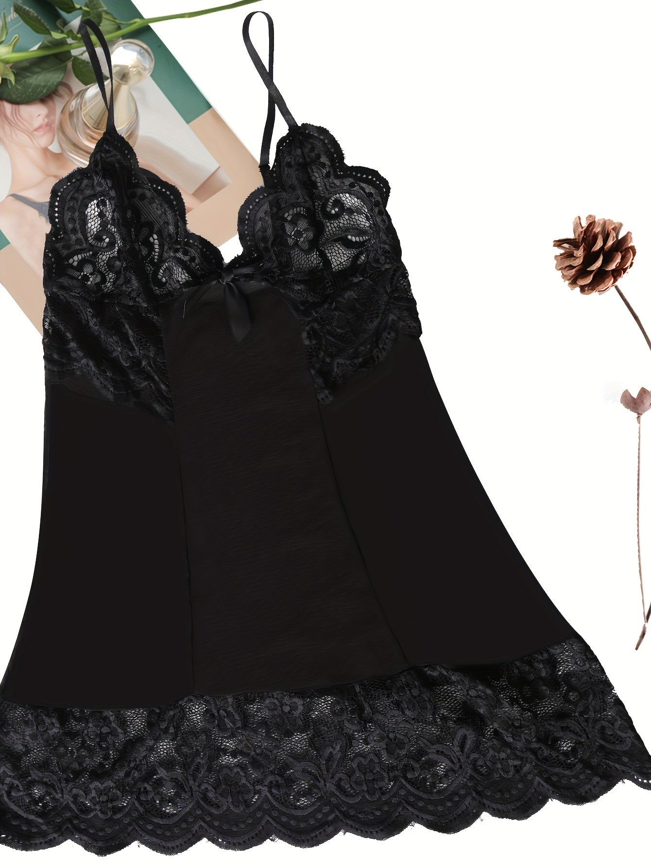 Women's Black Lace Lingerie Set with Sheer Slip Dress and Thong