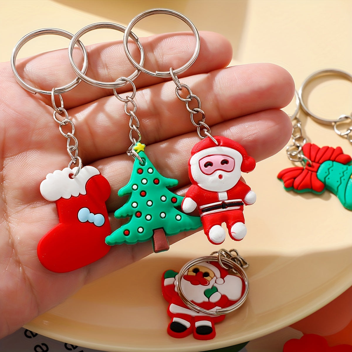 Christmas Keychain Set 46 Pieces PVC Cartoon Characters Santa Snowman Tree Car Key Rings