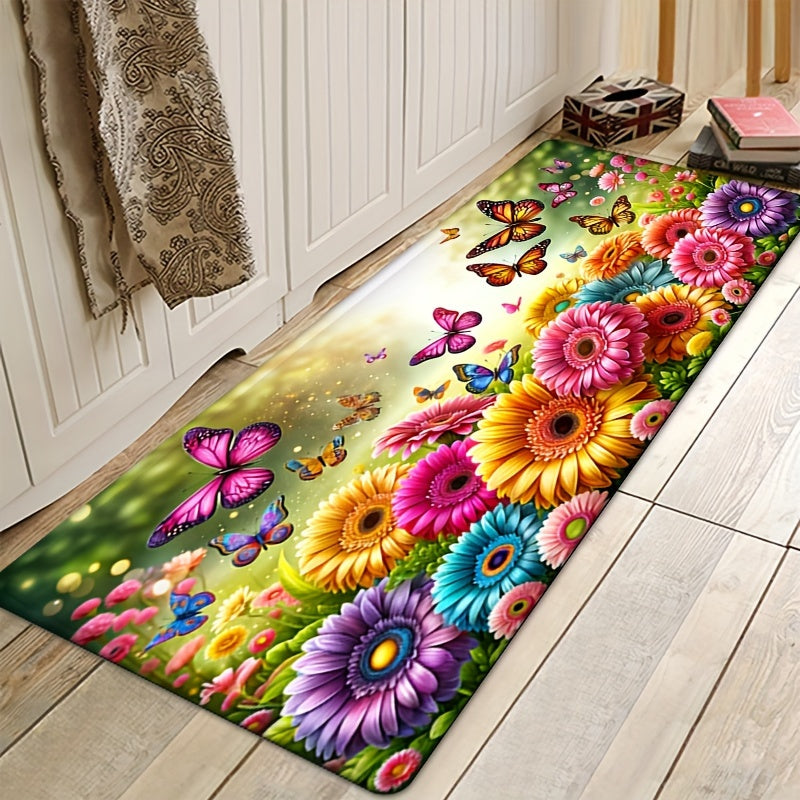Flannel Flower Kitchen Rug Waterproof Non-slip Absorbent Anti-fatigue Mat with Sunflower Design