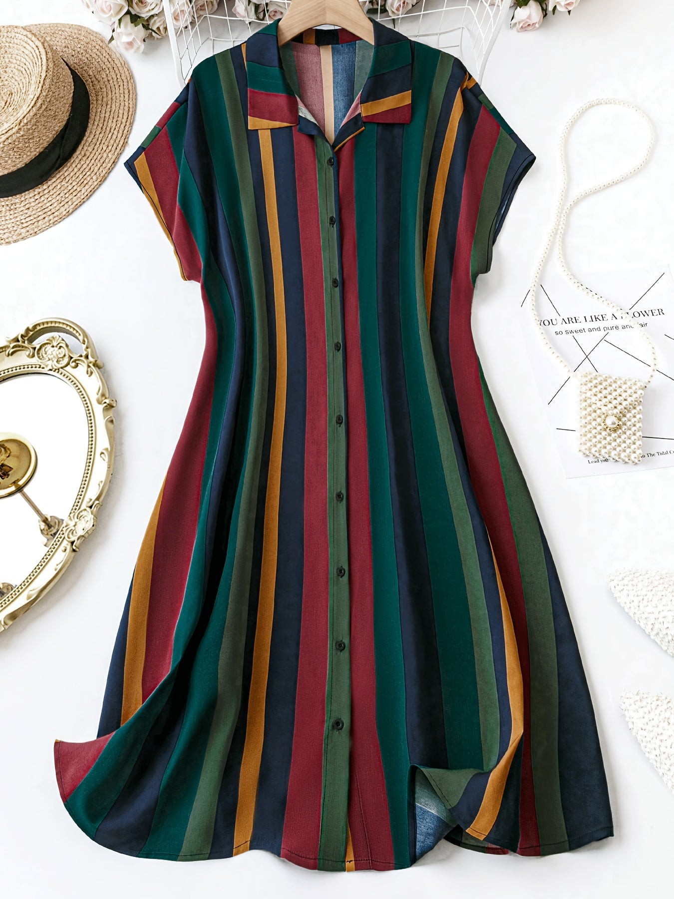 Plus Size Women's Striped Button-Front Dress with Collared Neckline for Spring Summer