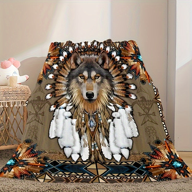 Native American Inspired Wolf Feather Print Flannel Blanket for Snuggling and Travel