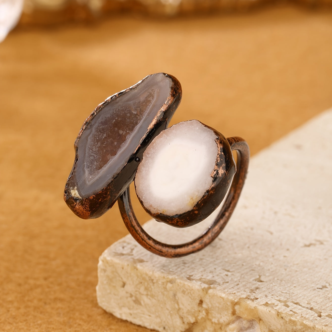 Boho-Chic sozlanadigan uzuk Amethyst, Yashil Fluorit, Tourmaline va Agat tabiiy toshlar bilan