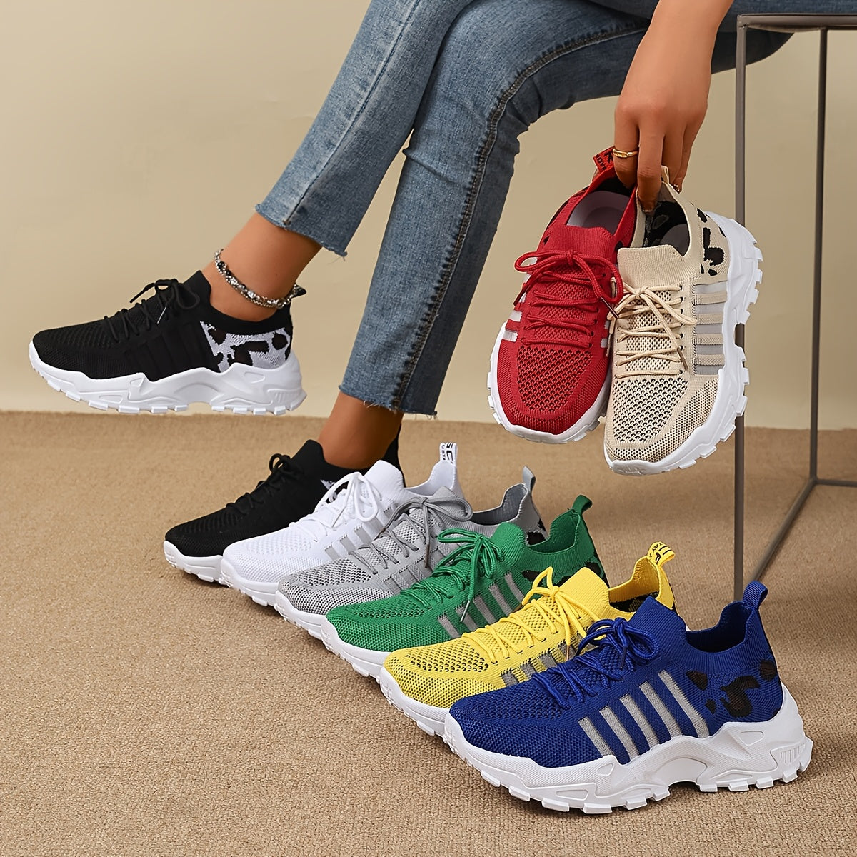 Women's Leopard Print Sneakers Breathable Mesh Low-Top Running Shoes