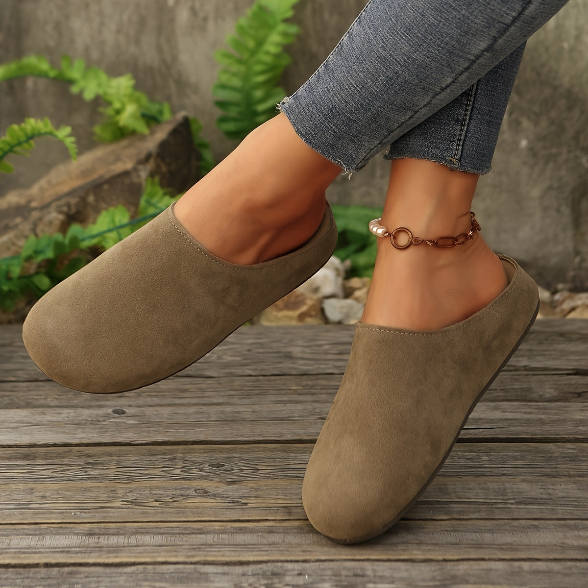 Women's Faux Cover Mules with Arch Support and Non-Slip Sole in Beige