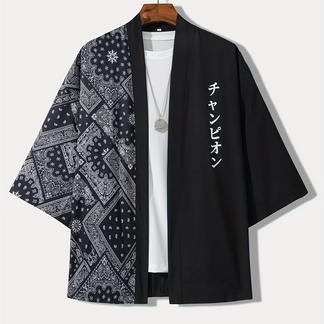 Men's Summer Kimono Shirt with Paisley and Japanese Letter Print Casual Woven Polyester