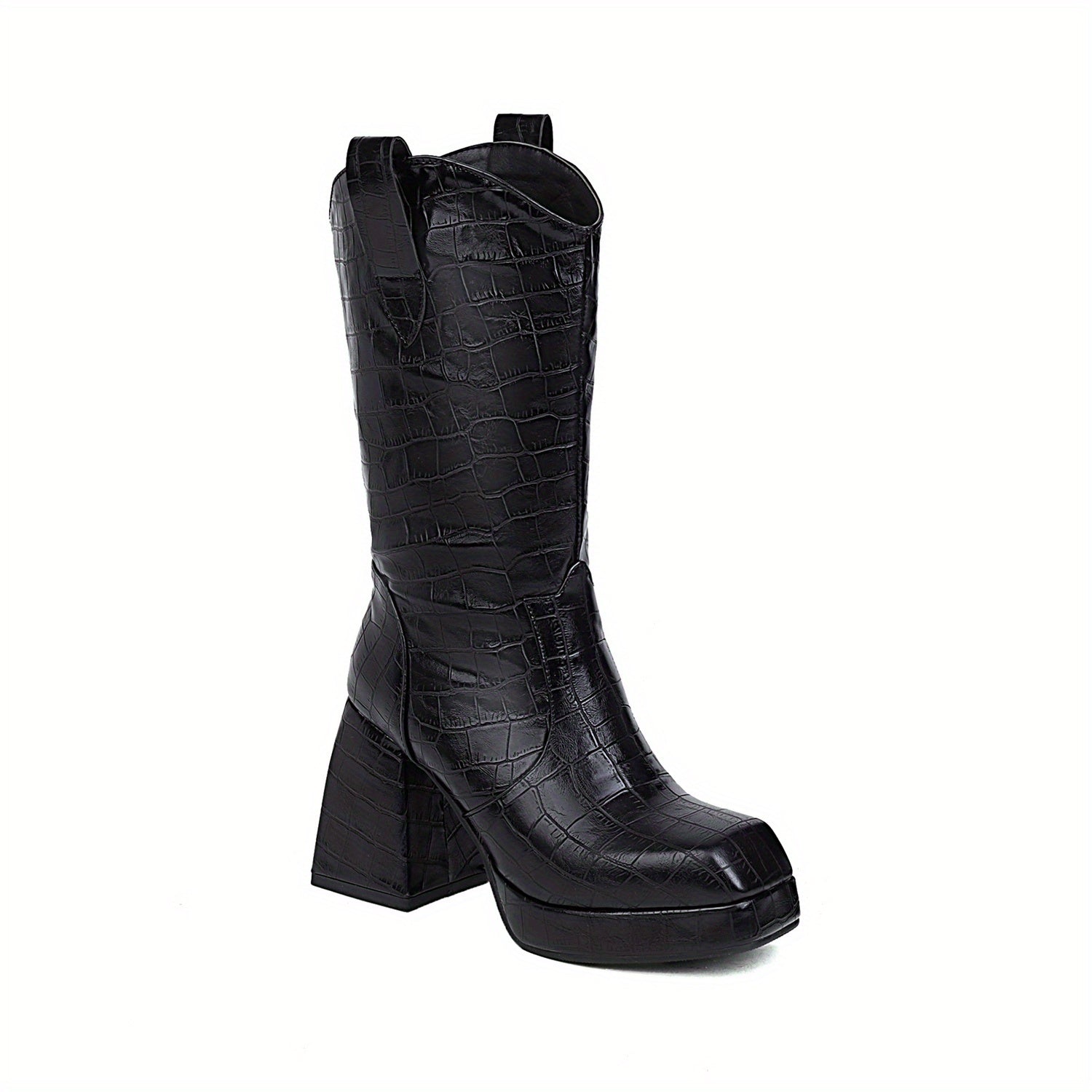 Women's Faux Leather Crocodile Pattern Block Heel Boots Square Toe