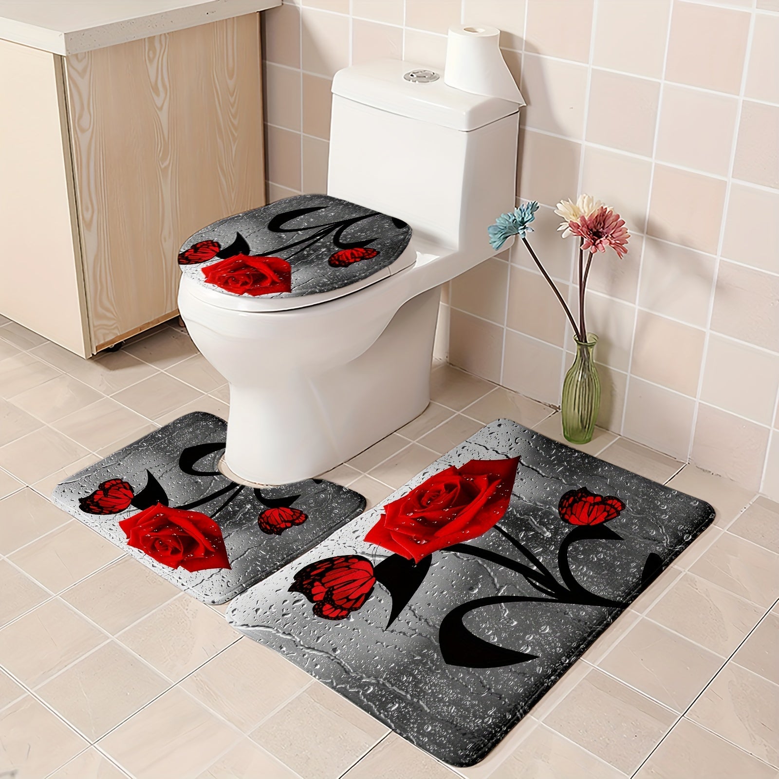 Water Drop Rose Printed Bathroom Shower Curtain Set with Hooks Non-Slip Mat Toilet Lid Mat Bathtub Partition