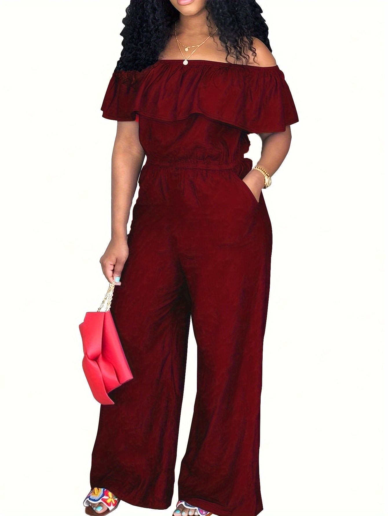 Plus Size Off Shoulder Jumpsuit Vacation Style Wide Leg Spring Summer