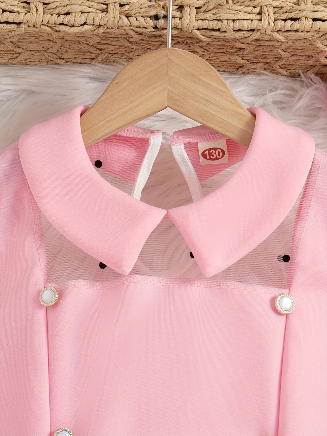 Girls Midi Dress with Mesh Overlay Long Sleeves Solid Color Summer Fashion Fake Buttons