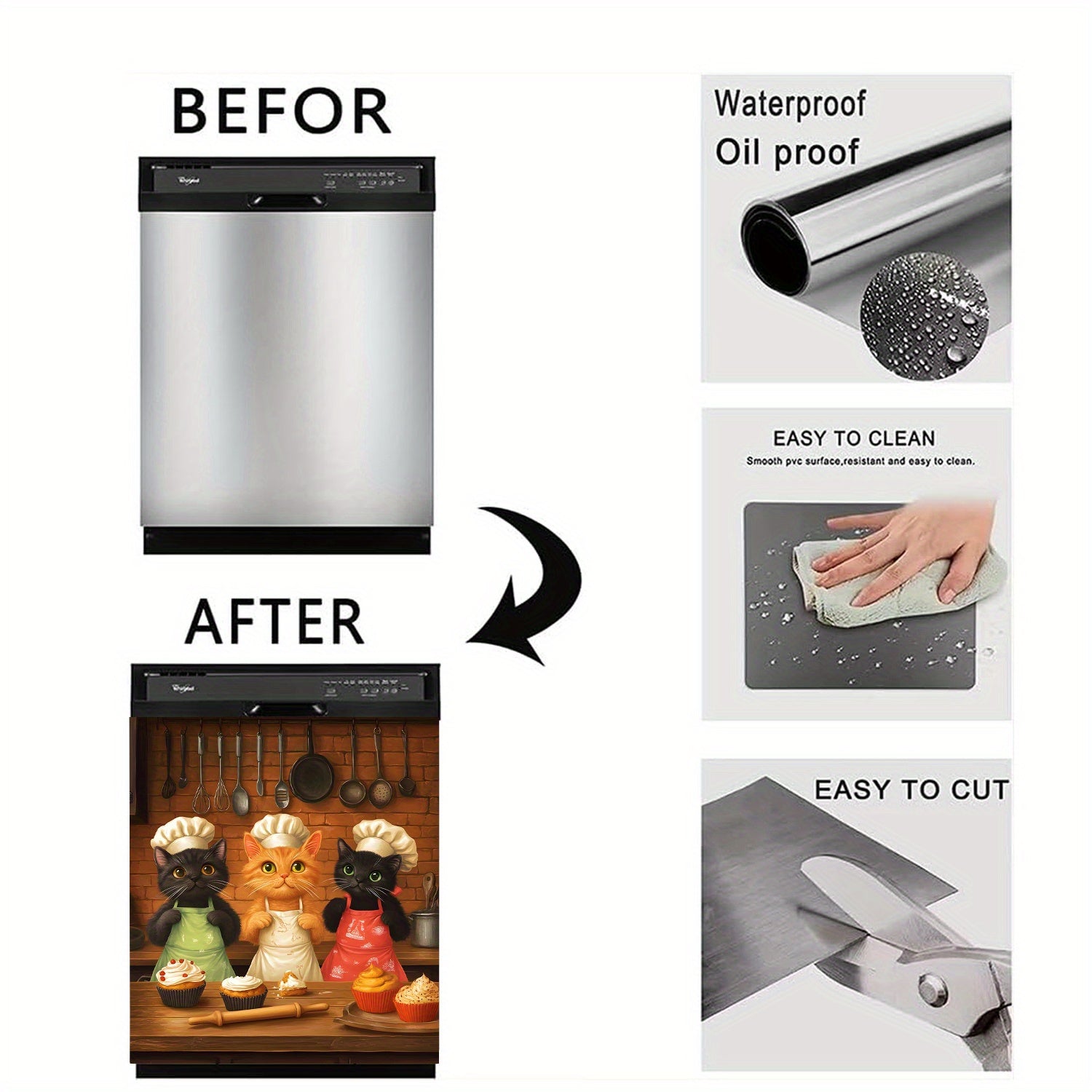 2D Flat Cat Pattern Dishwasher Door Decoration Kit Waterproof Soft Easy Install