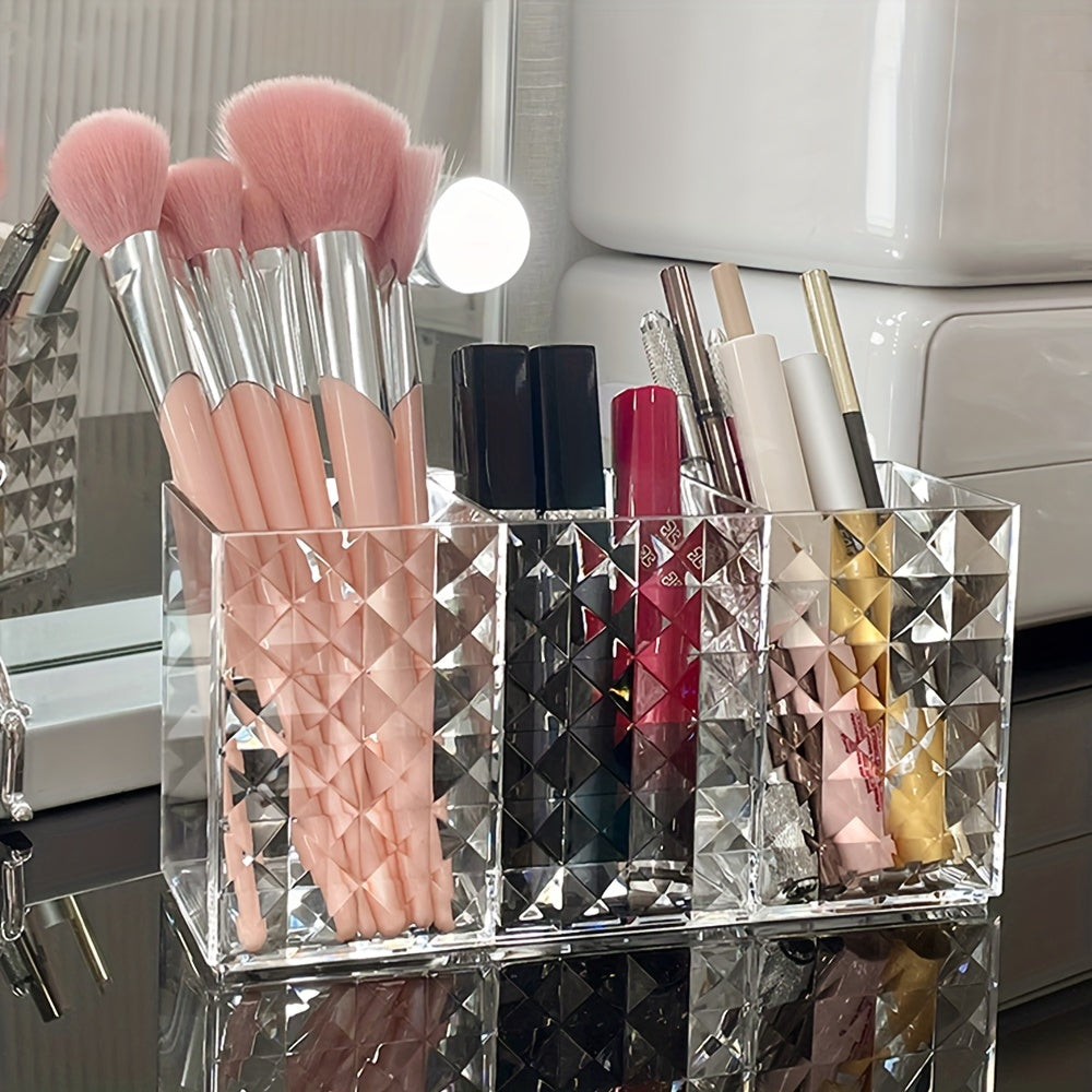 Soporte para brochas de maquillaje de acrílico con 3 compartimentos para organizar cosméticos y decoración de baño