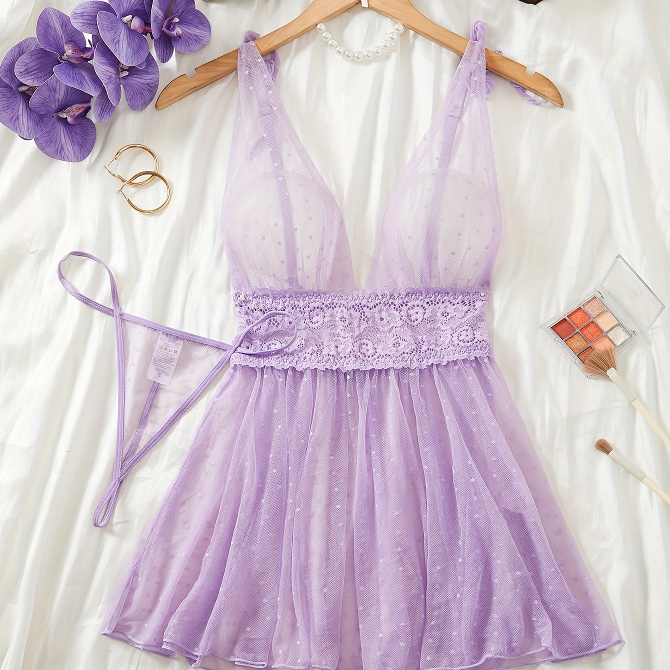 Velvet Lace Skirt Set with Bow Strap and Thong for Women