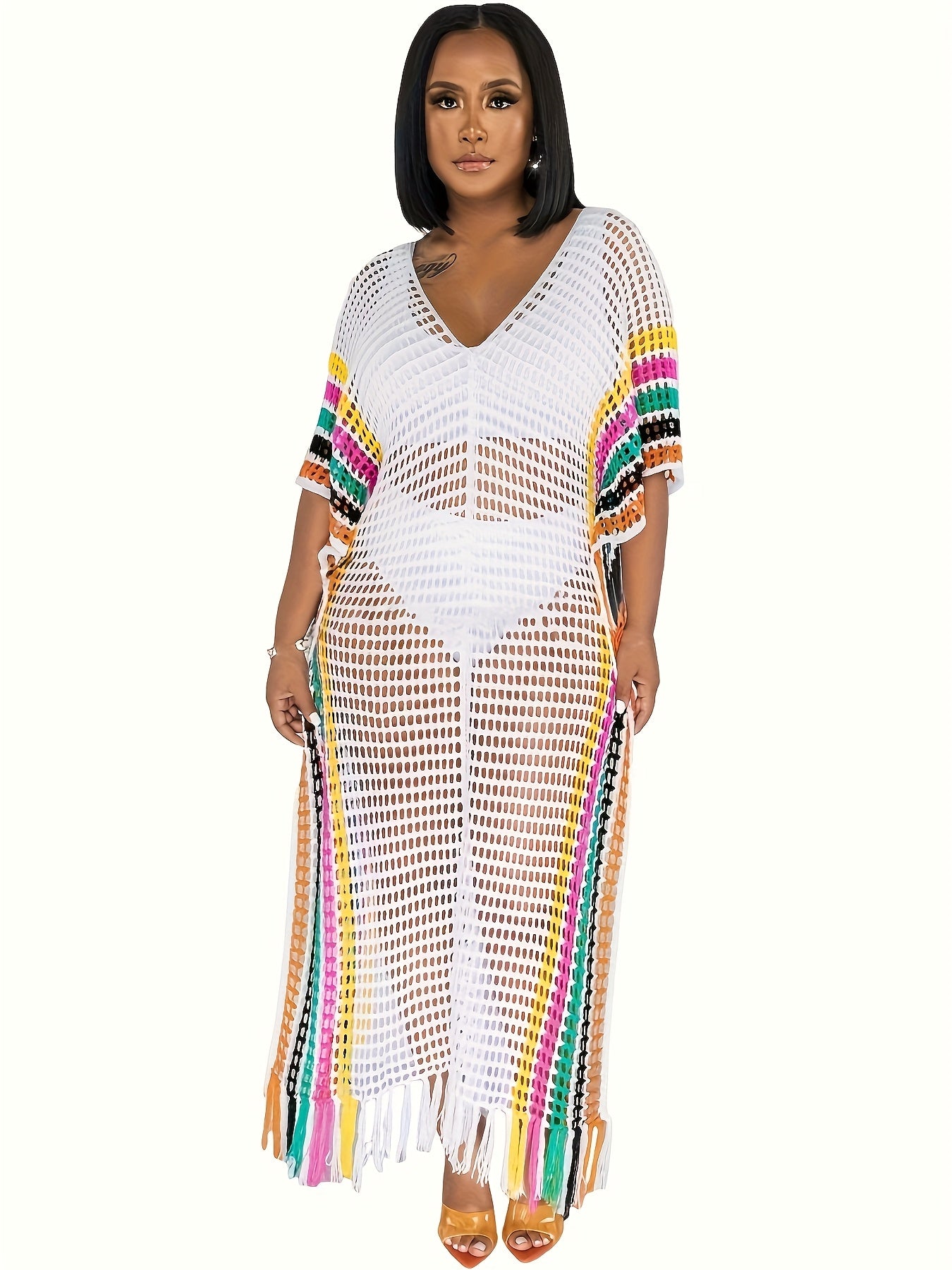 Плюс сайз женский вязаный пляжный свитер с бахромой и контрастными цветами