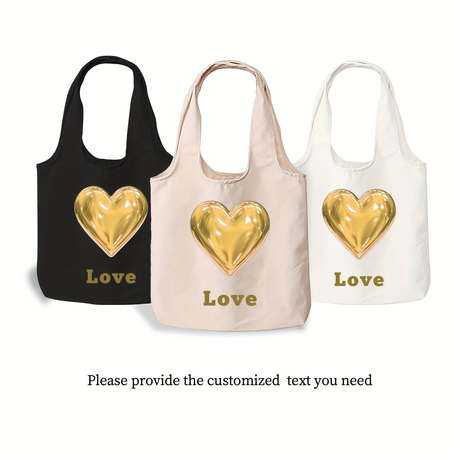 Personalized Canvas Tote Bag with Custom Text and Heart Pattern Sets of 1, 3, or 9