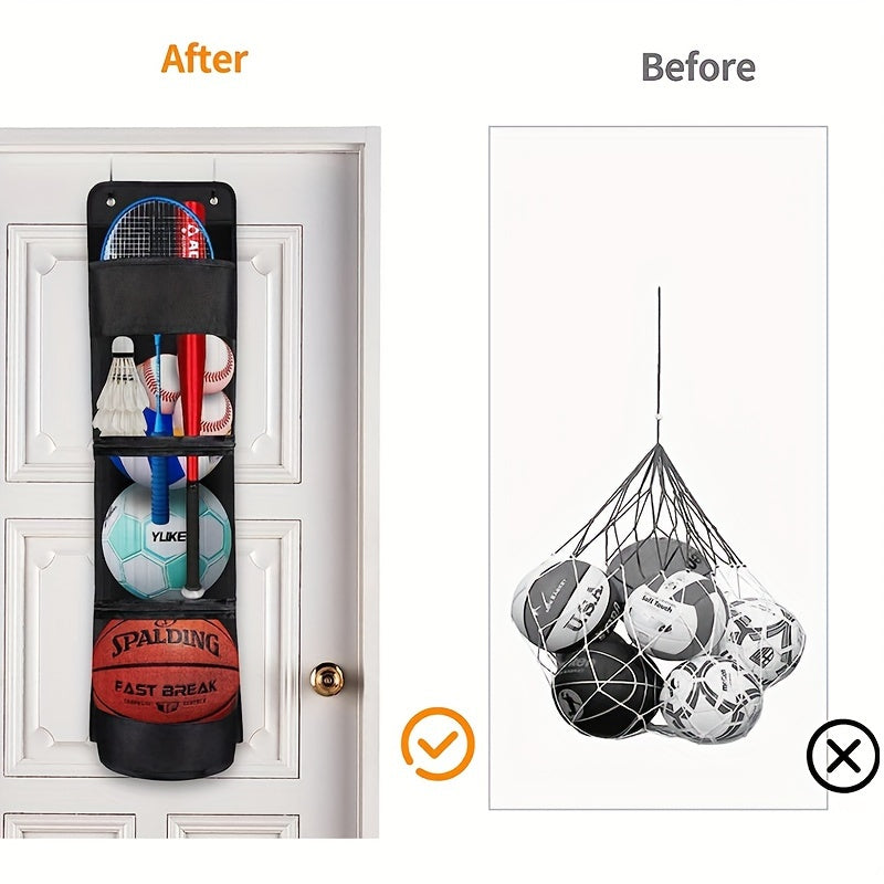 Basketbol, futbol, voleybol va raketalar uchun sport jihozlarini saqlash sumkasi. Tashkilot uchun fermuari bilan eshik ustiga osiladi. O'yinchoqlarni saqlash uchun katta sig'im, joyni tejaydi.