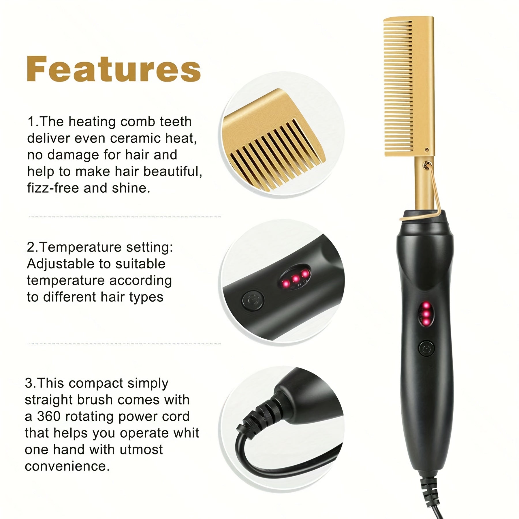 Electric hot comb for curly and straight hair copper finish multi-functional with auto shut-off ionic tech heat protection portable