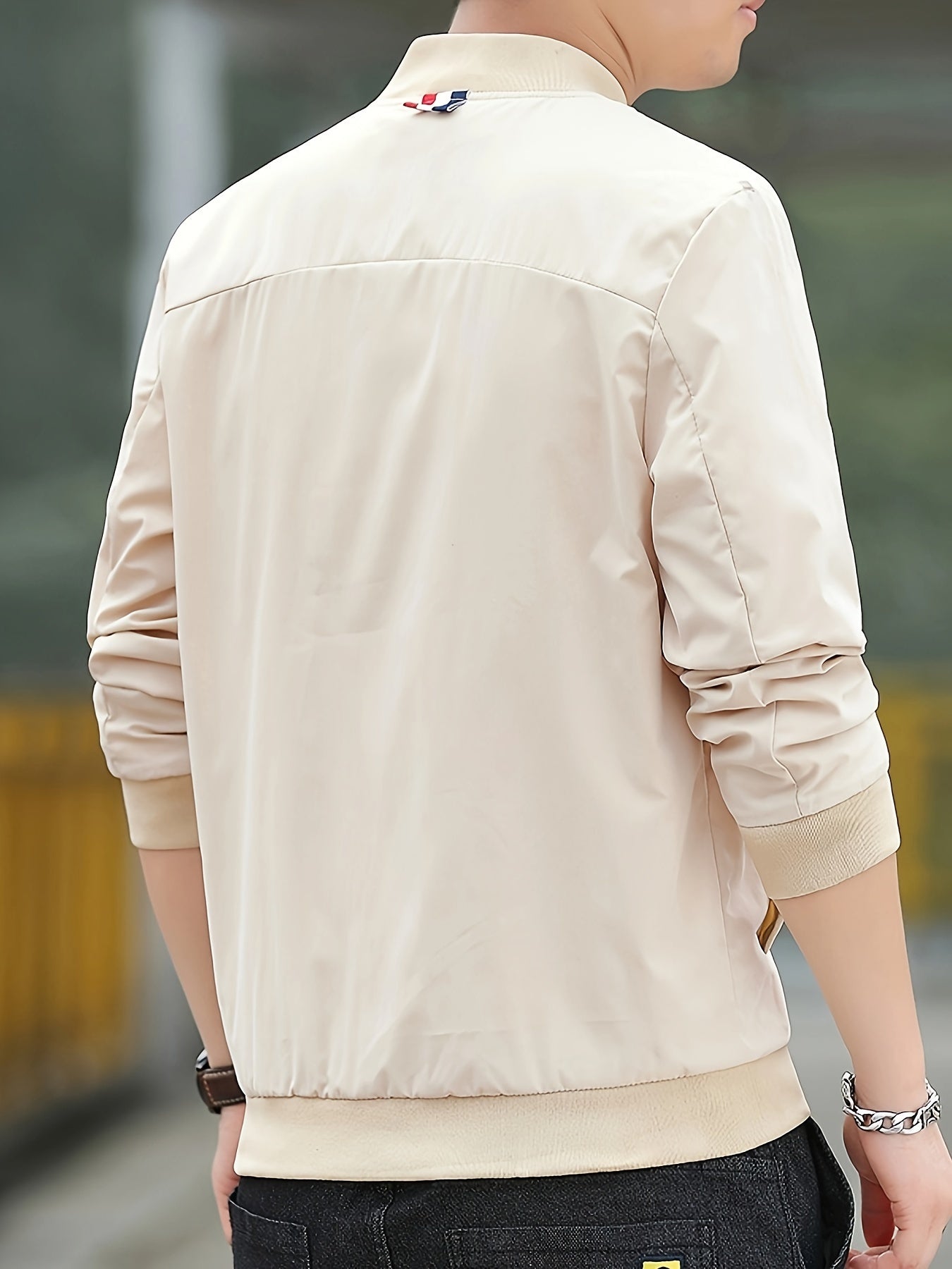 Men's Polyester Solid Band Collar Zip-up Jacket for Spring and Fall
