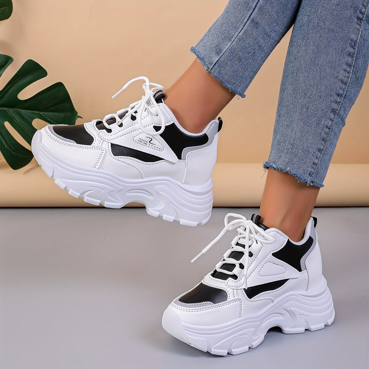 Women's Chunky Sneakers with Wedge Heel Casual Lace-Up Low Top Rubber Sole