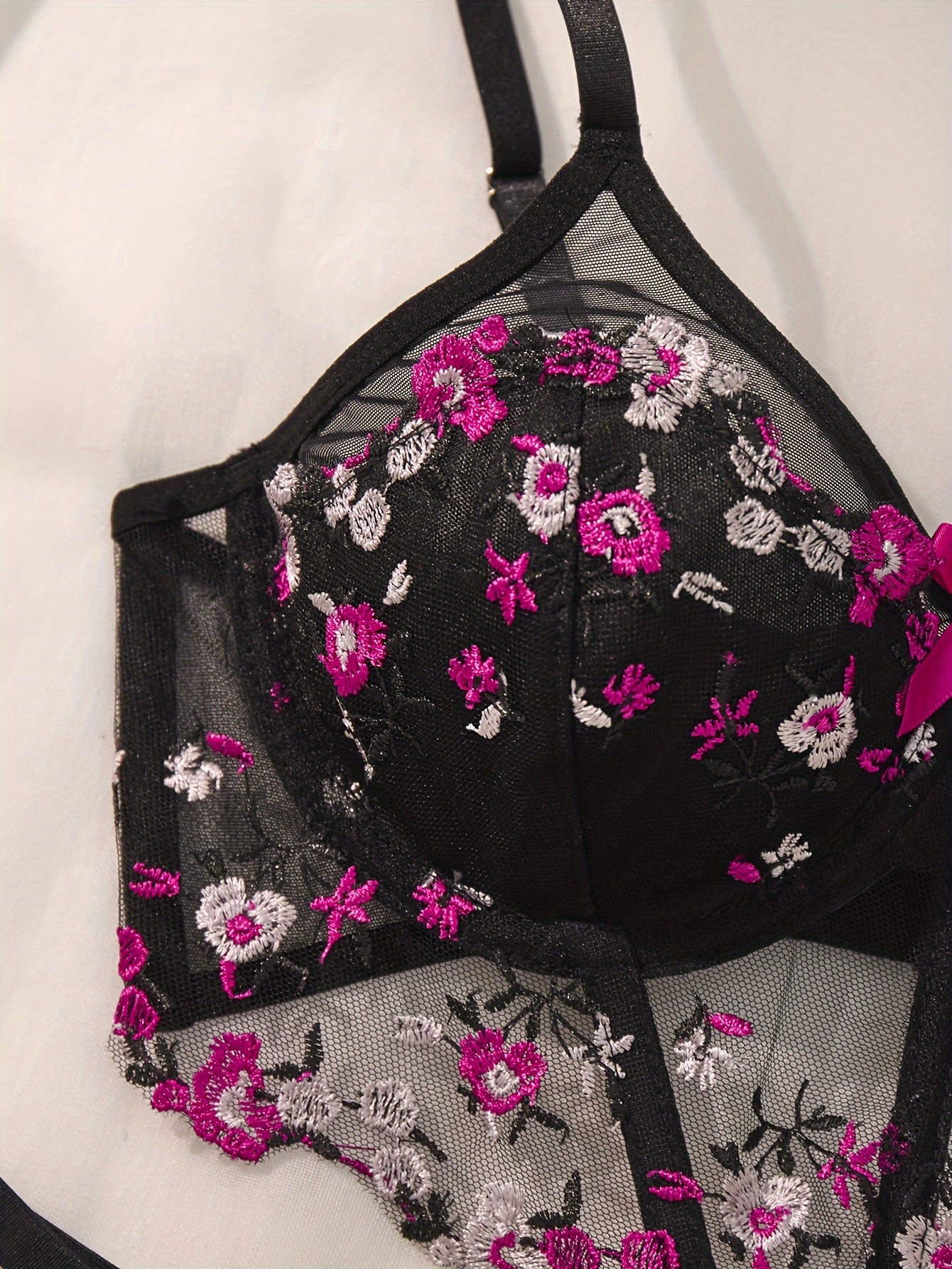 Black Floral Embroidered Lingerie Set with Sheer Mesh Bra and Low-Rise Thong